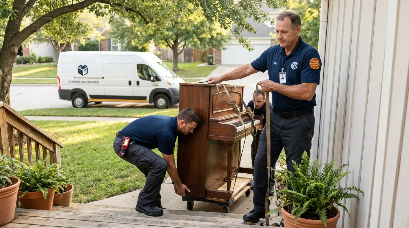 Licensed piano movers securing grand piano in Washington, ME